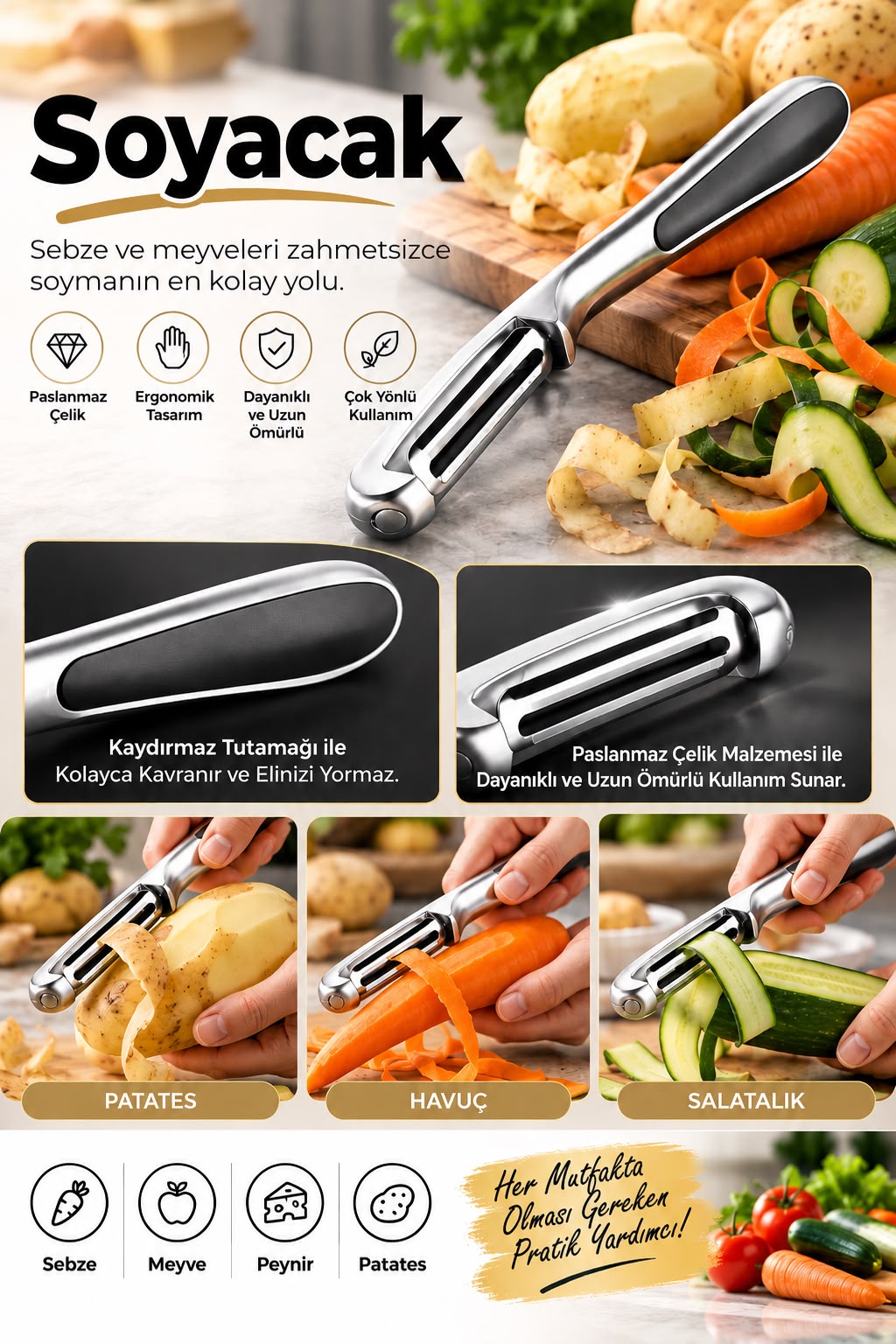 Sebze & Meyve Soyacağı Paslanmaz Çelik – Ergonomik Kaydırmaz Saplı Profesyonel Soyacak