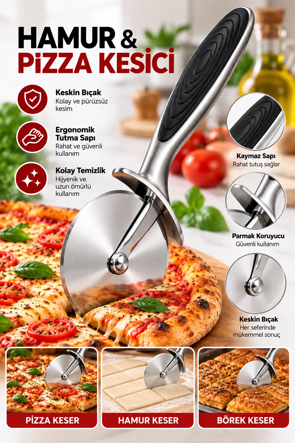 8 Parça Paslanmaz Çelik Mutfak Gereçleri Seti – Sarımsak Ezici, Patates Ezici, Pizza Kesici, Soyacak, Limon Sıkacağı