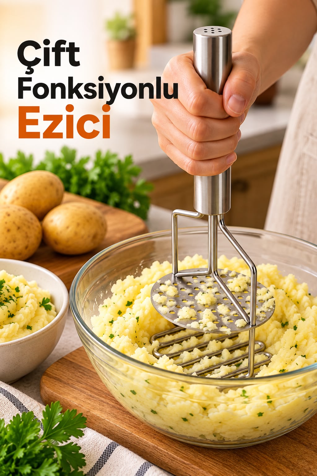 Çift Fonksiyonlu Paslanmaz Çelik Patates Ezici – 24 cm