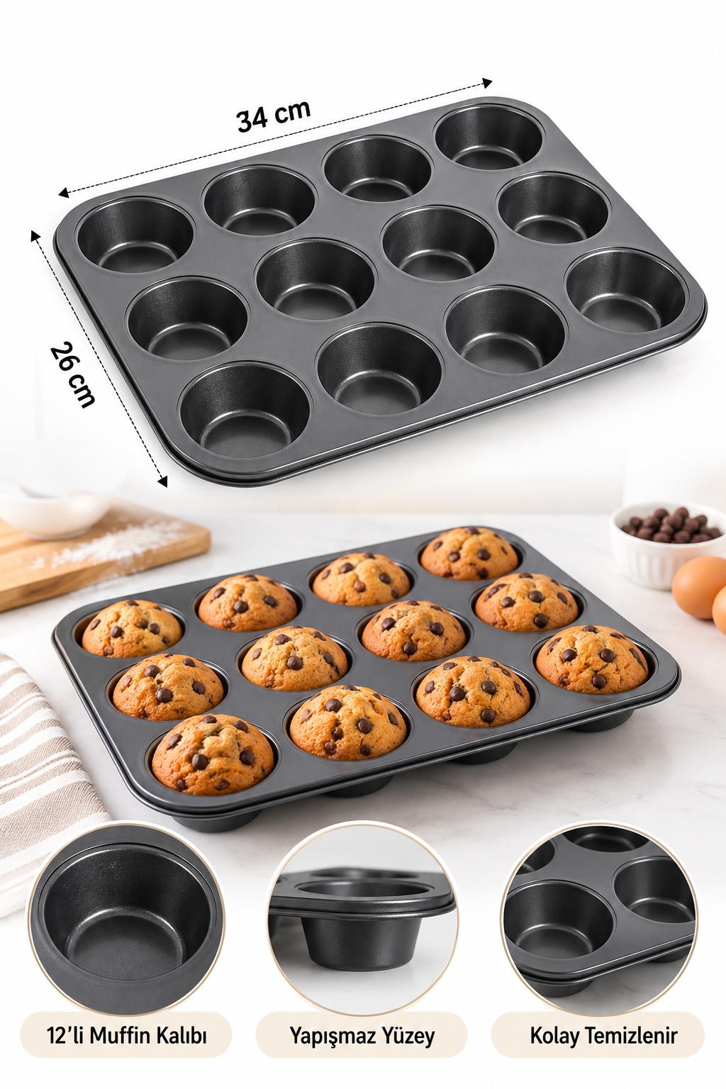 12’li Muffin ve Cupcake Kek Kalıbı – Yapışmaz Yüzeyli Fırın Tepsisi 26x34 cm