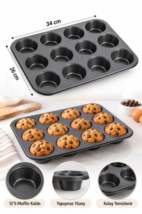 12’li Muffin ve Cupcake Kek Kalıbı – Yapışmaz Yüzeyli Fırın Tepsisi 26x34 cm