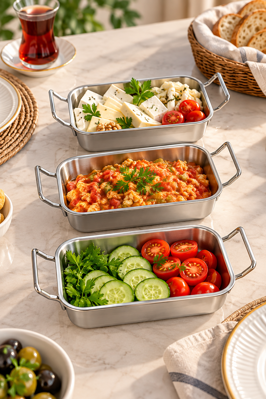 3’lü Paslanmaz Çelik Mini Sunumluk Seti – Kulplu Meze, Kahvaltılık ve Sos Servis Tabağı