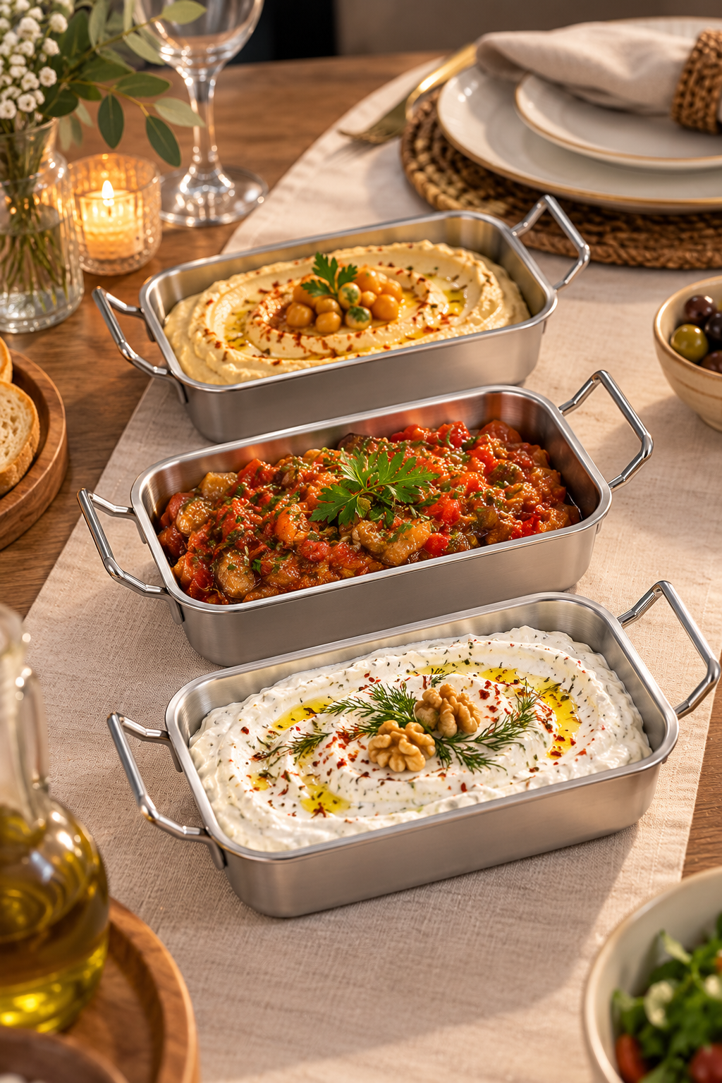 3’lü Paslanmaz Çelik Mini Sunumluk Seti – Kulplu Meze, Kahvaltılık ve Sos Servis Tabağı