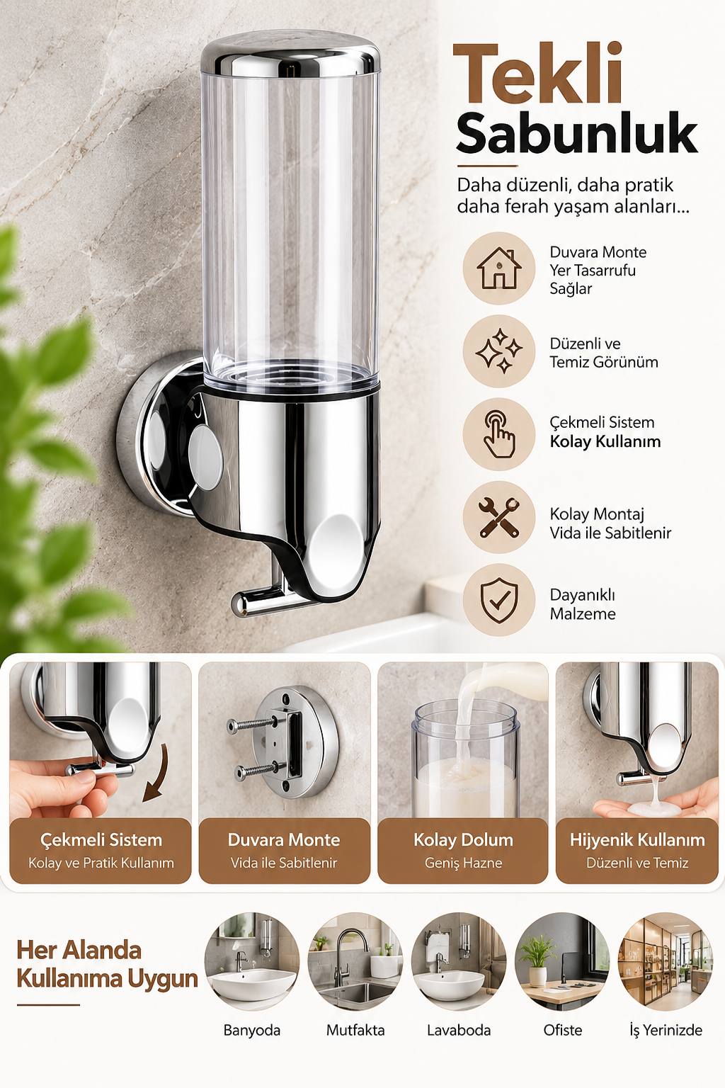 Tekli Sıvı Sabunluk 450 ml Çekmeli Sistem Banyo Mutfak Şampuanlık