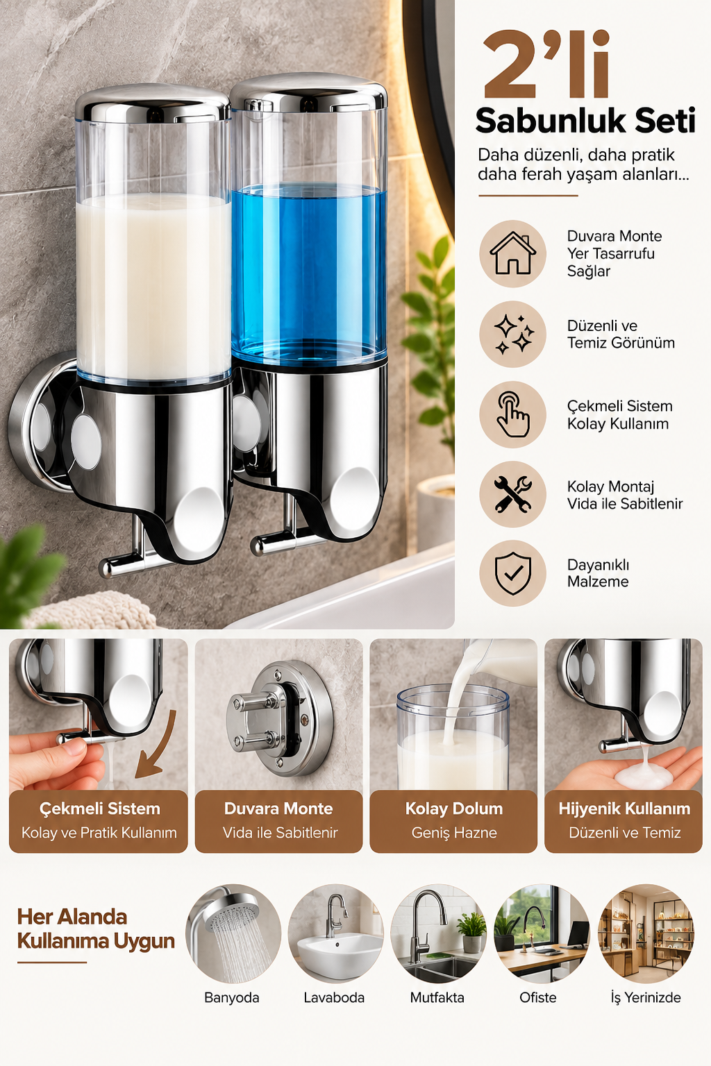 2’li Sıvı Sabunluk 450 ml Çekmeli Sistem Banyo Mutfak Şampuan Duş Jeli Seti