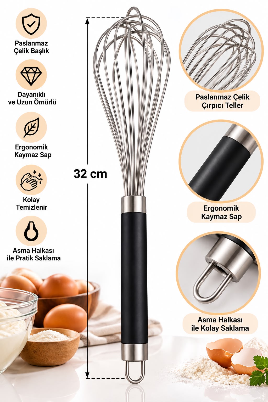 Paslanmaz Çelik Balon Çırpıcı Ergonomik Kaymaz Saplı Profesyonel Mutfak Çırpıcısı