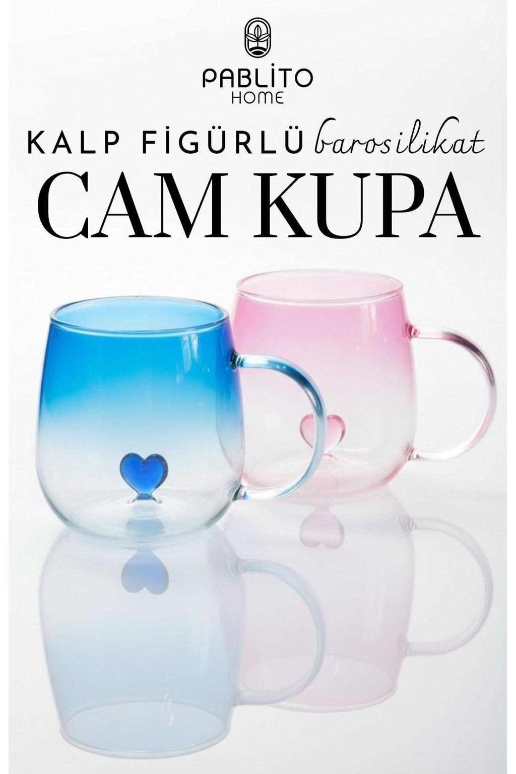 2 Lİ KALP FİGÜRLÜ RENKLİ CAM KUPA BARDAK