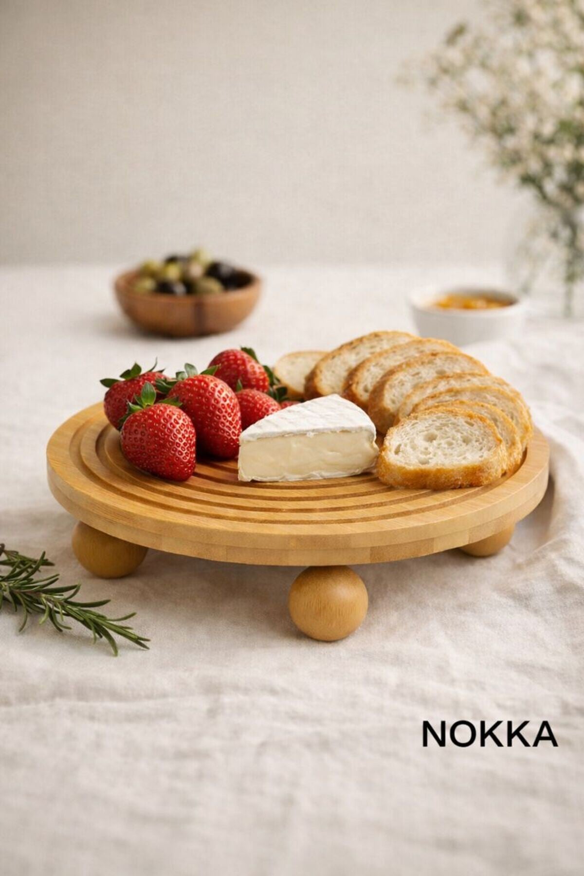 Bambu Top Ayaklı Yuvarlak Stand Çizgi Desenli Sunum Tabağı 28x28cm