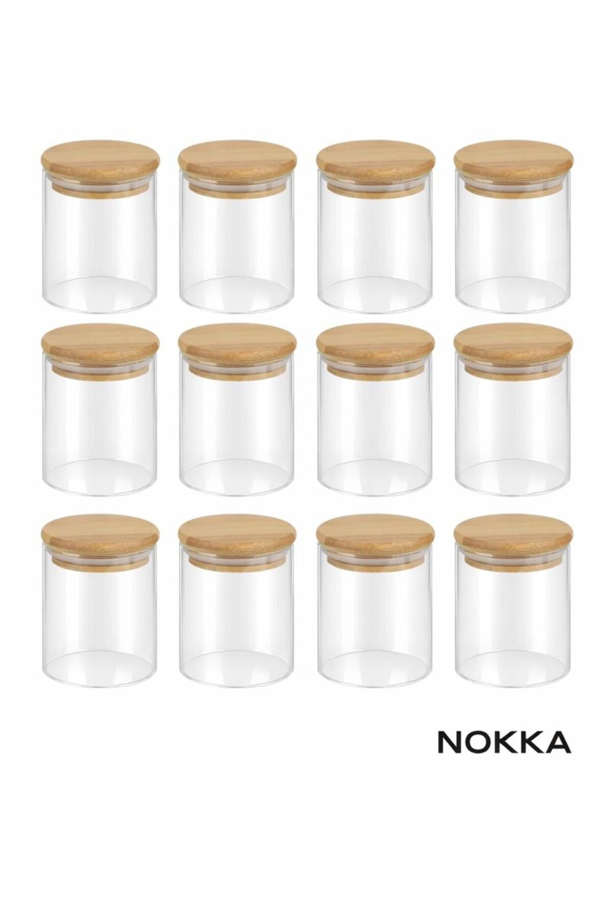 12 Adet Bambu Kapaklı Borosilikat Baharatlık, Saklama Kabı, Çerezlik 200 Ml