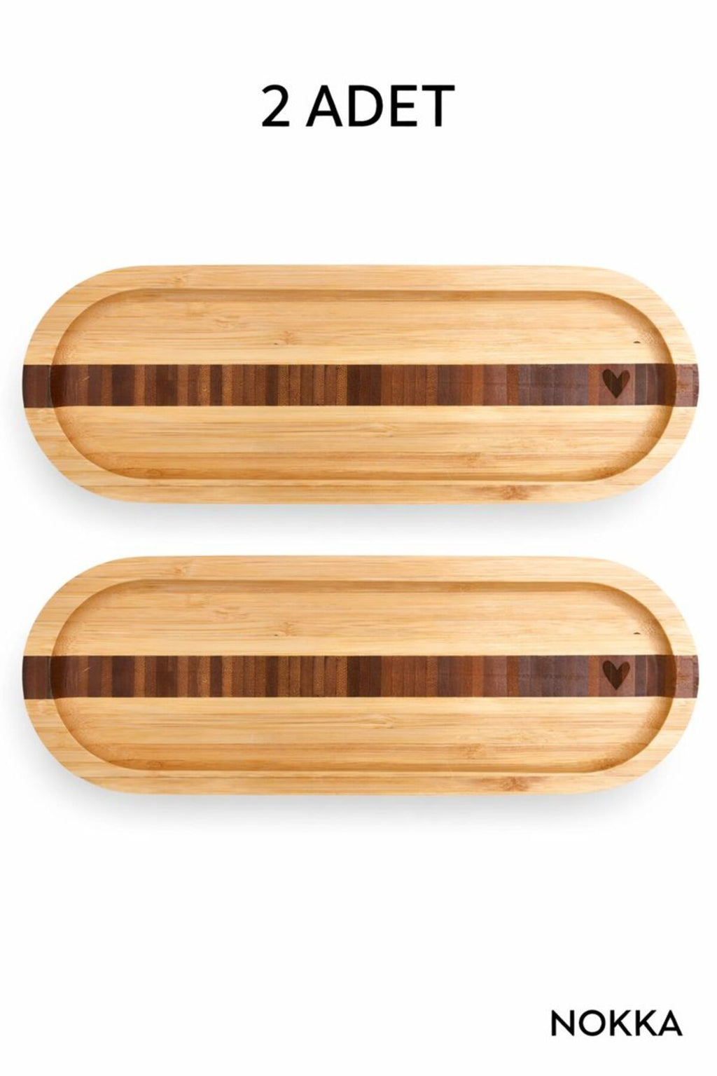 2 Adet Bambu Kalp Desenli Oval Sunum Tabağı 25,5 X 9,5 Cm