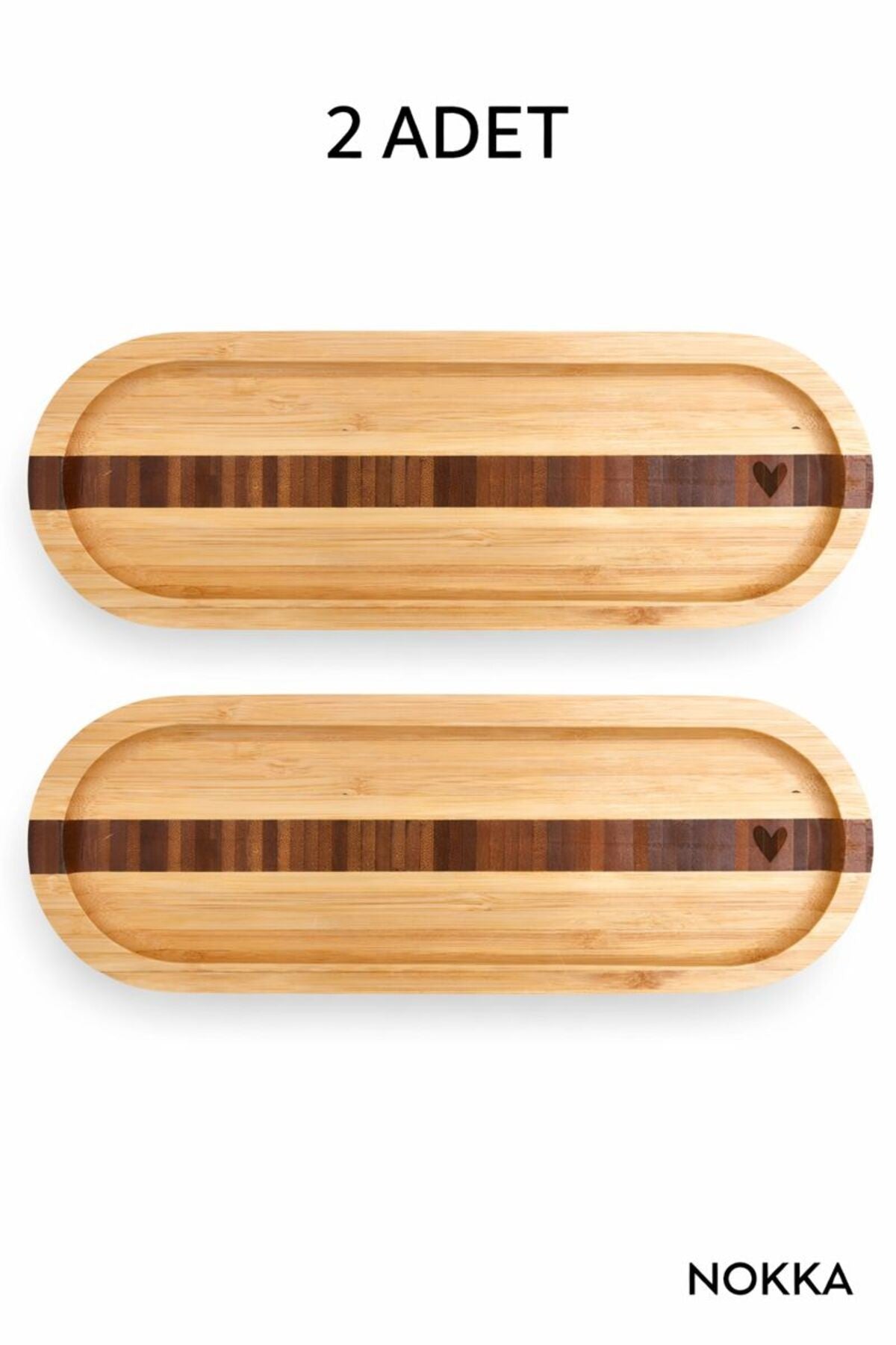 2 Adet Bambu Kalp Desenli Oval Sunum Tabağı 25,5 X 9,5 Cm