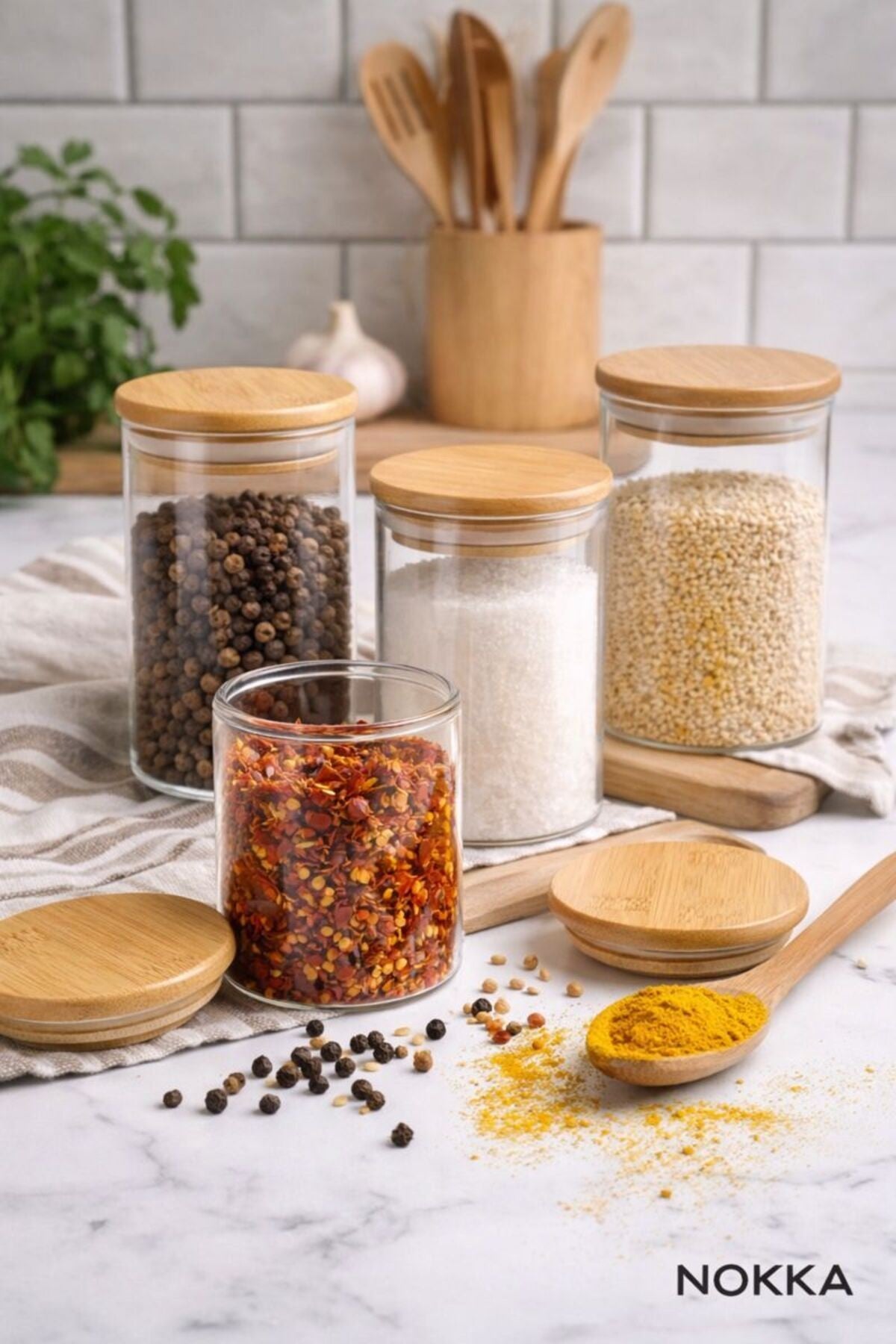 12 Adet Bambu Kapaklı Borosilikat Baharatlık, Saklama Kabı, Çerezlik 200 Ml