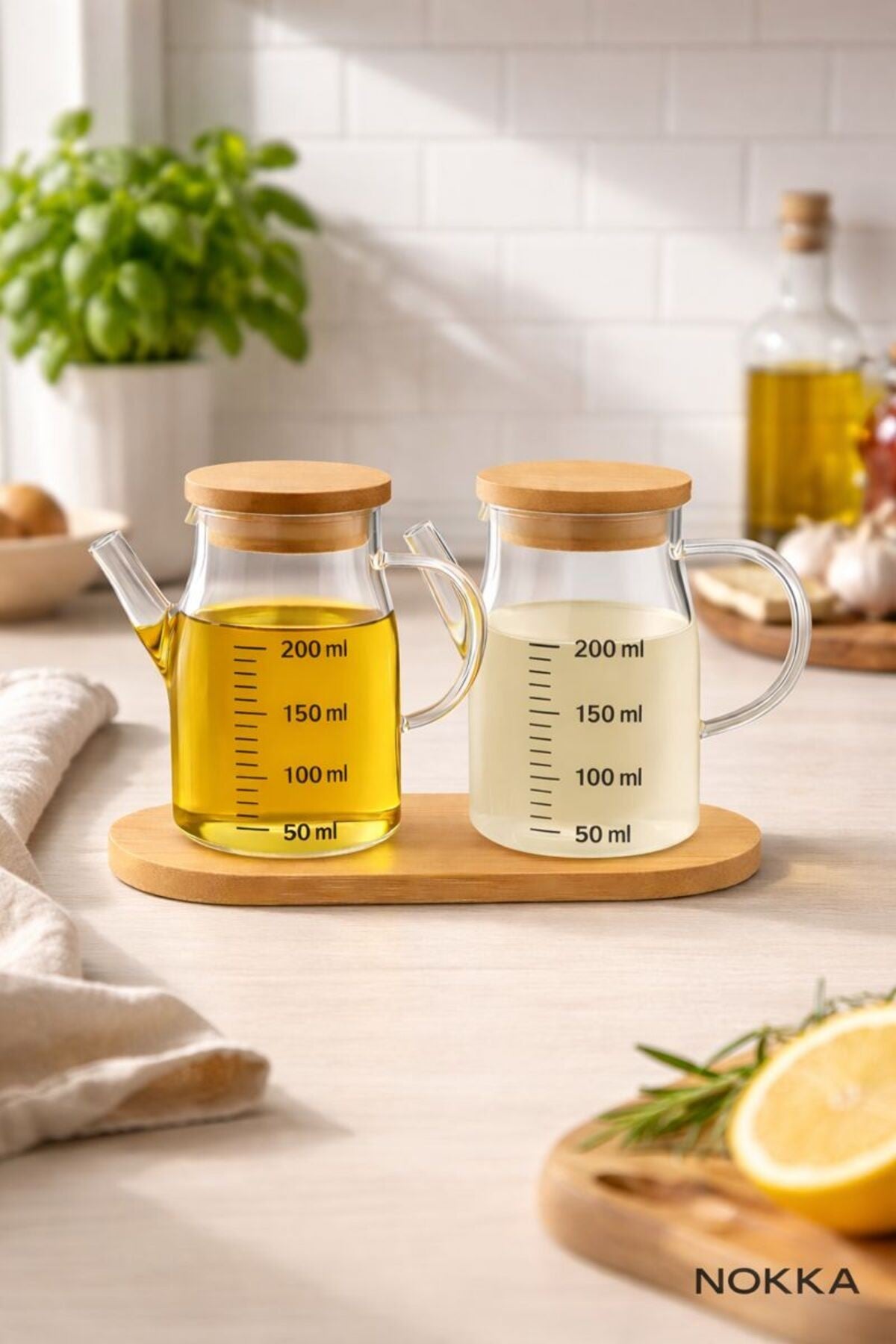 Mini Sosluk Yağdanlık Seti, 2'li Salata Seti, Bambu Stant