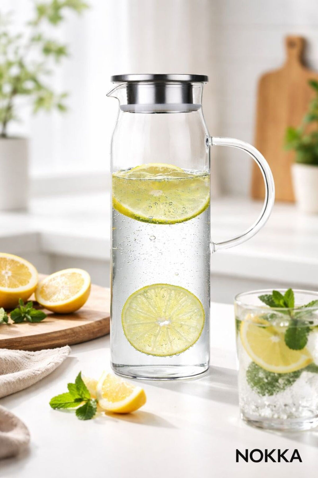 Vakumlu Çelik Kapaklı Sürahi Isıya Dayanıklı Borosilikat Cam Sürahi 1500 ml