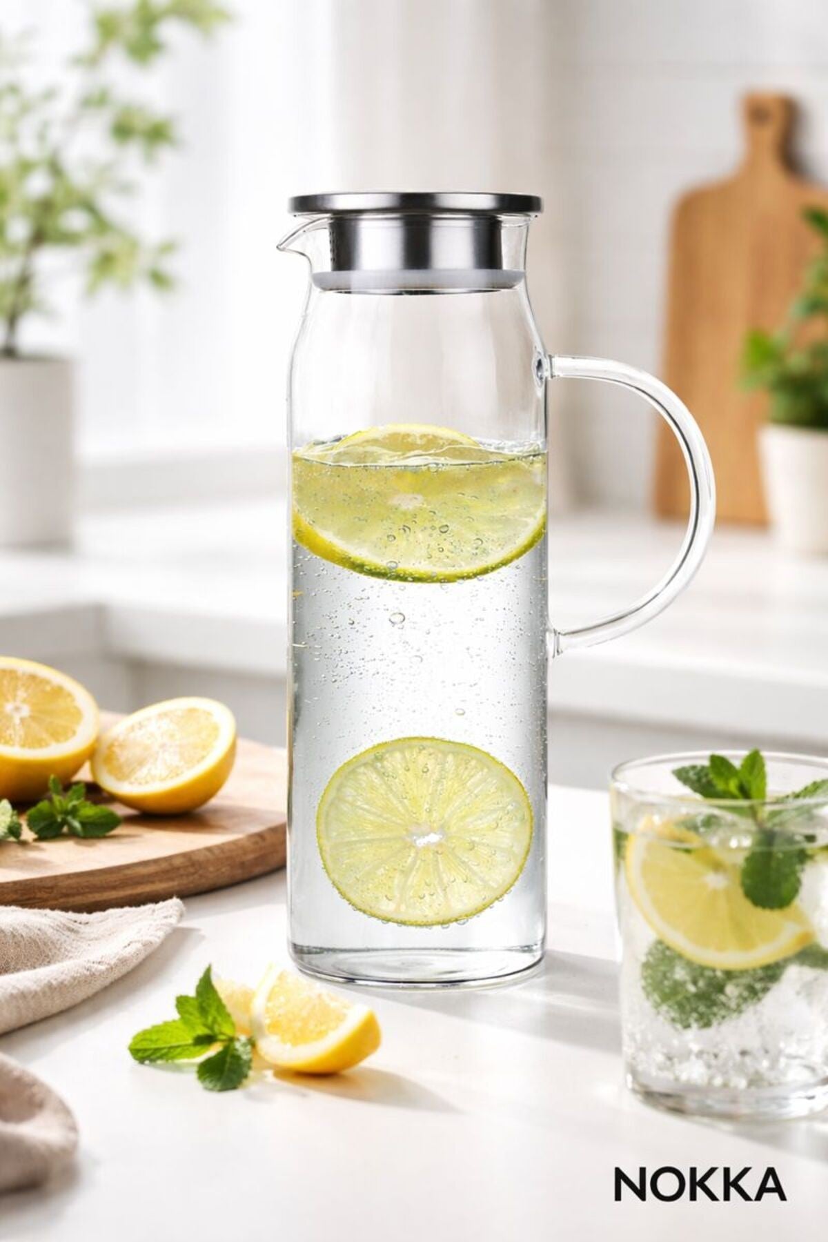 Vakumlu Çelik Kapaklı Sürahi Isıya Dayanıklı Borosilikat Cam Sürahi 1500 ml