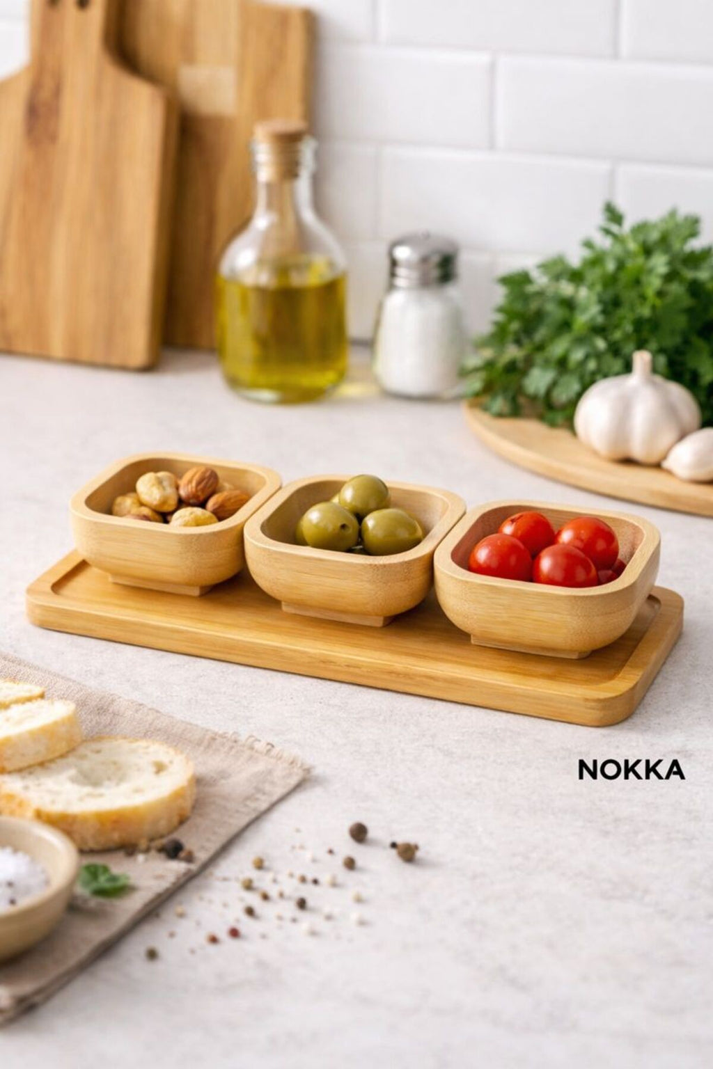 3'lü 6 cm Bambu Kare Sunum Kasesi, Bambu Tepsi Çerezlik Servis Kasesi