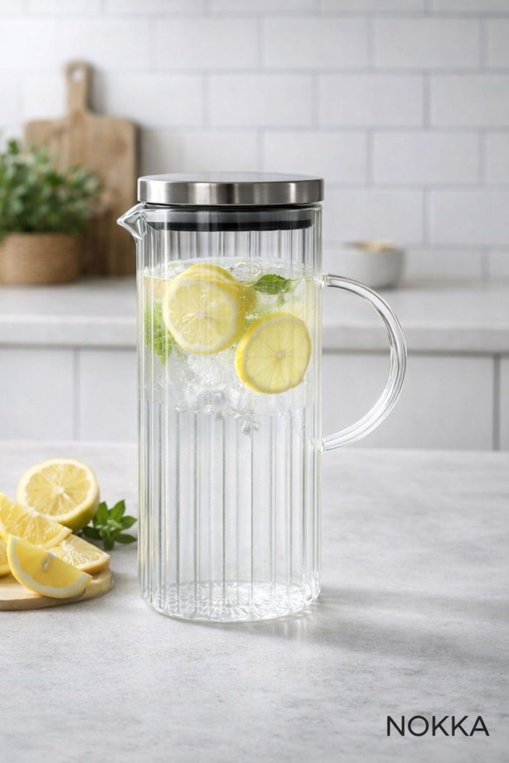 Vakumlu Çelik Kapaklı Sürahi Isıya Dayanıklı Borosilikat Cam Sürahi, Çizgili Desen 1500 ml