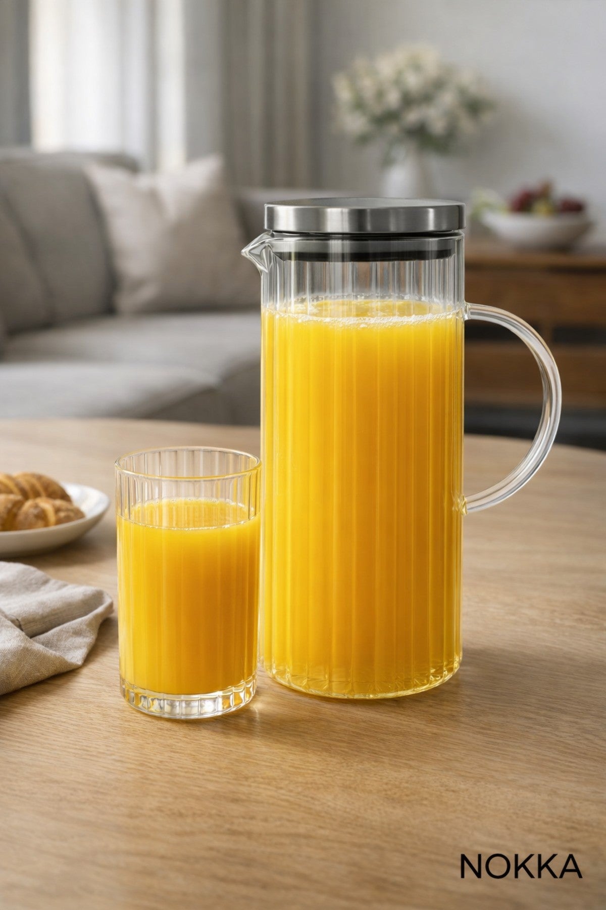 Vakumlu Çelik Kapaklı Sürahi Isıya Dayanıklı Borosilikat Cam Sürahi, Çizgili Desen 1500 ml