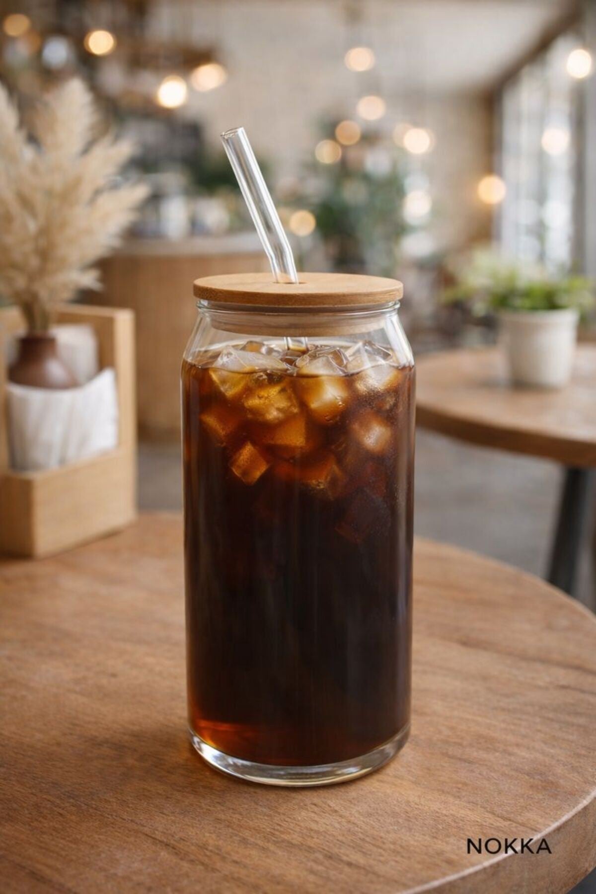 Bambu Kapaklı Pipetli Borosilikat Bardak, Kahve Bardağı, Isı Dayanıklı Bardak, 600 ml