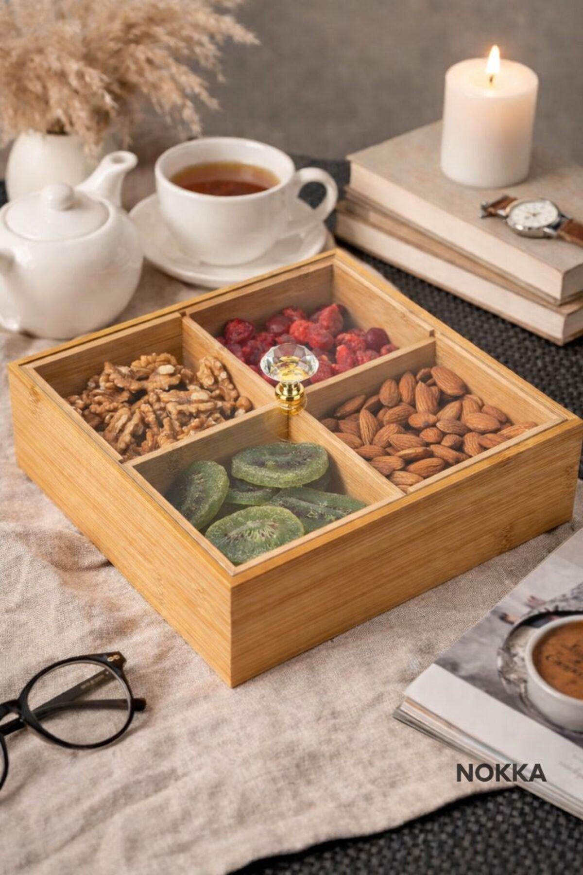 4 Gözlü, Akrilik Kapaklı, Mdf Çok Amaçlı Dekoratif Kutu, Takı Organizeri, Çerezlik 20x20 cm