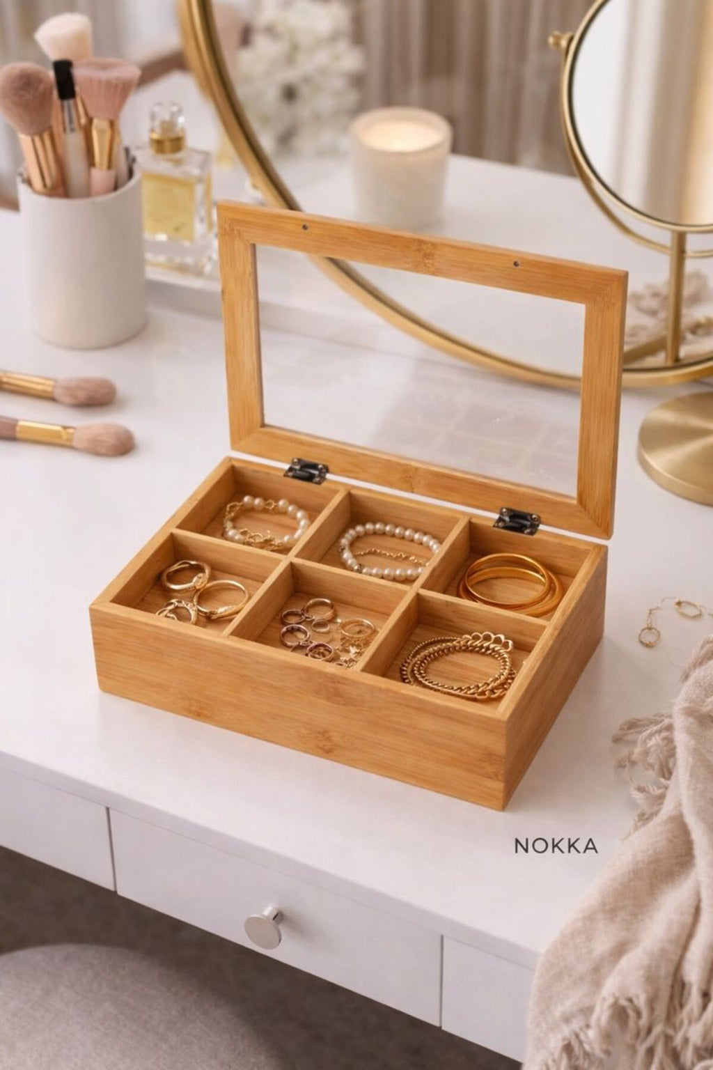 6 Gözlü Kapaklı, Mdf Çok Amaçlı Dekoratif Kutu, Takı Organizeri, Saklama Kutusu Çerezlik 24x16 cm