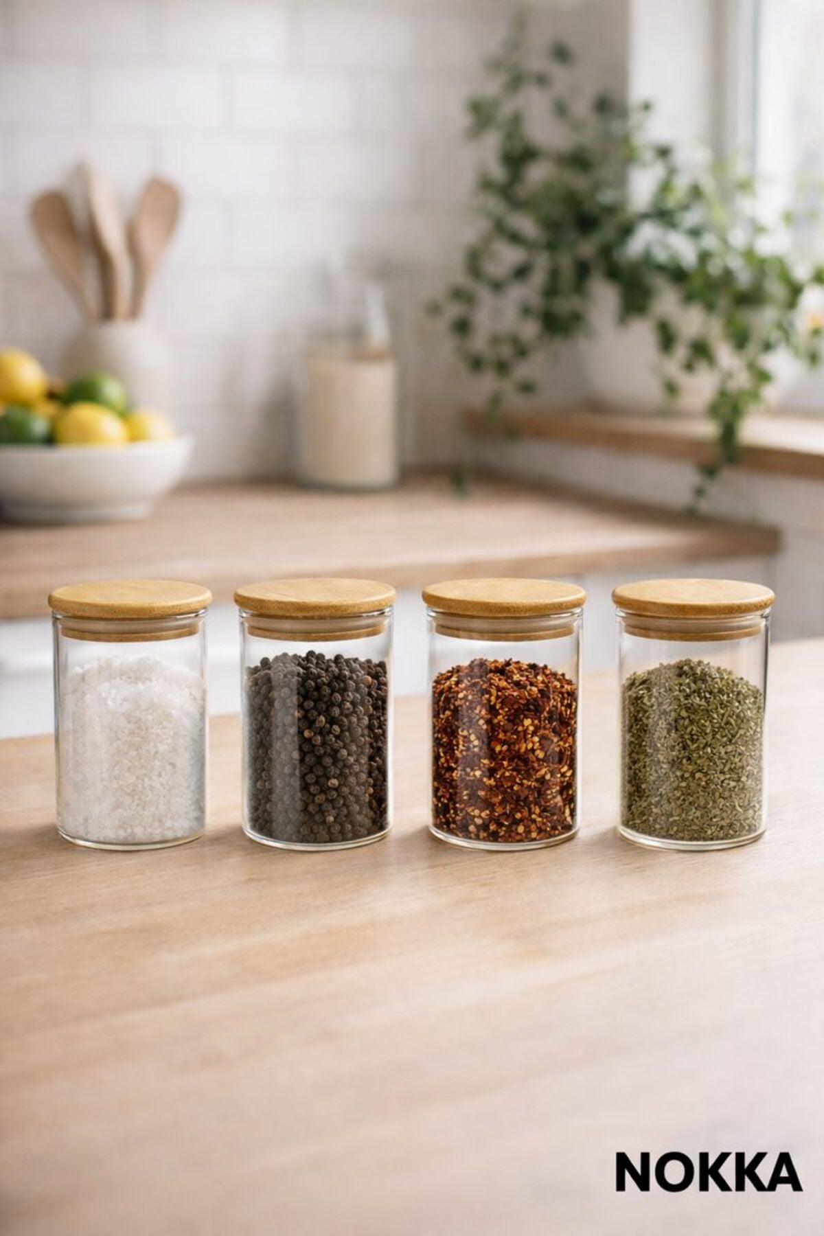 4 Adet Vakumlu Bambu Kapaklı Borosilikat Baharatlık, 8 cm, Saklama Kabı, Çerezlik 150 ml