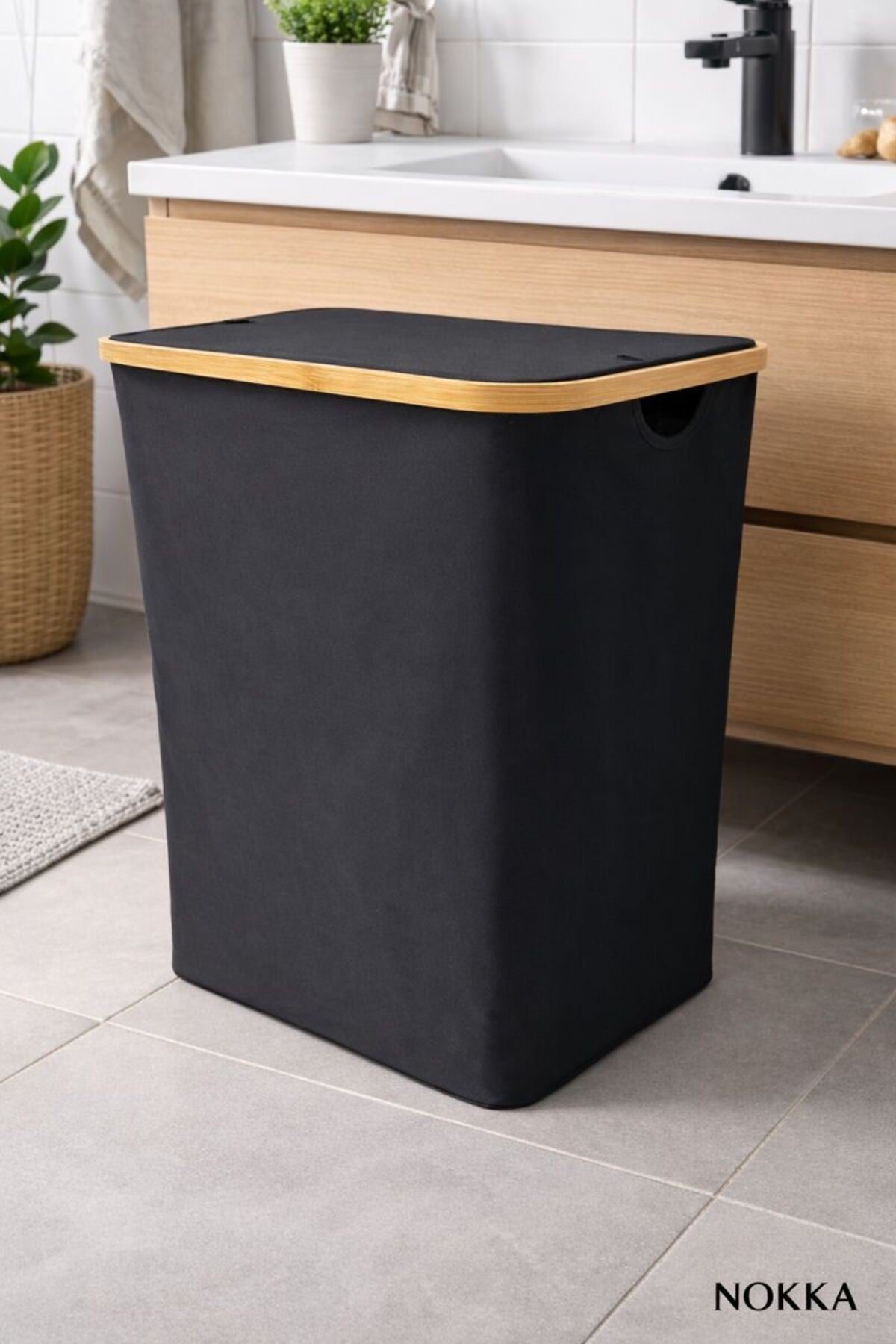 Bambu 100 Litre Kapaklı Katlanabilir Çamaşır Sepeti, 2 Bölmeli Kirli Sepeti (60x54x33)