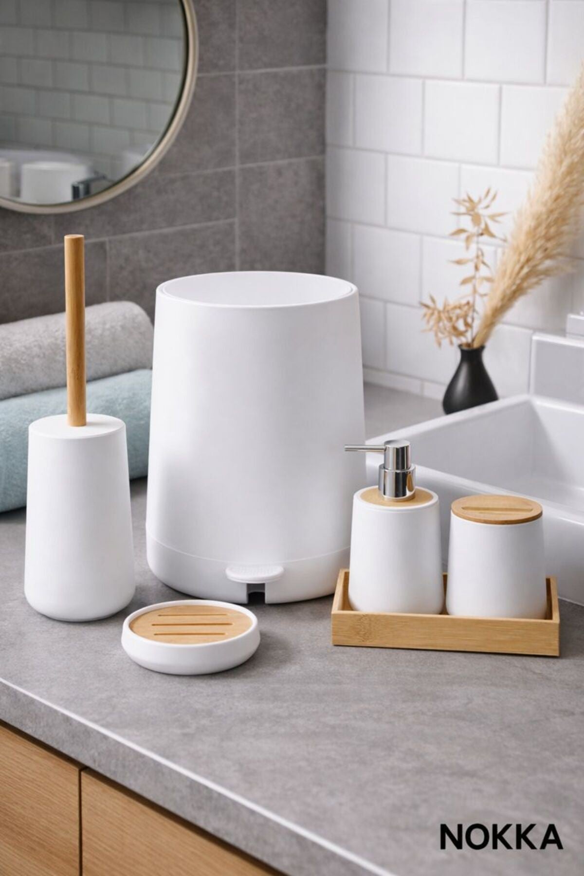 6 Parça Bambu Detaylı Akrilik Banyo Seti, Pedallı Kova, Sabunluk