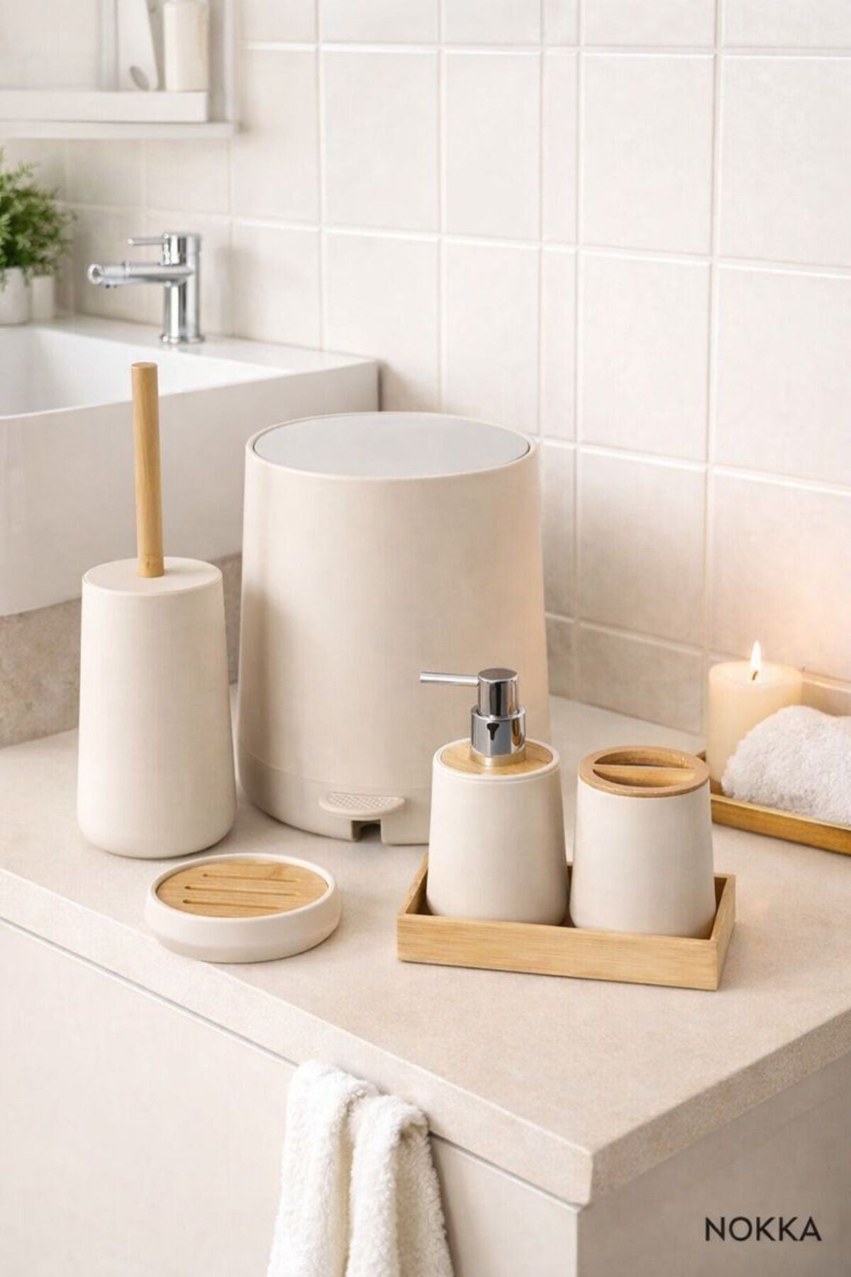 6 Parça Bambu Detaylı Akrilik Banyo Seti, Pedallı Kova, Sabunluk