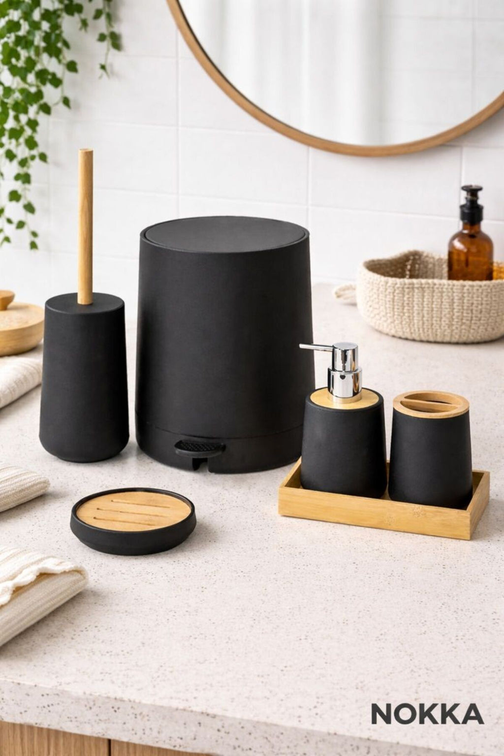 6 Parça Bambu Detaylı Akrilik Banyo Seti, Pedallı Kova, Sabunluk