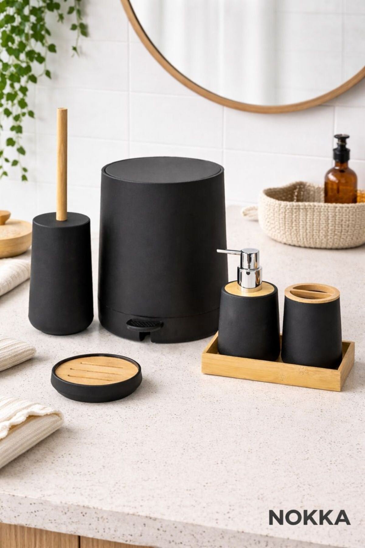 6 Parça Bambu Detaylı Akrilik Banyo Seti, Pedallı Kova, Sabunluk
