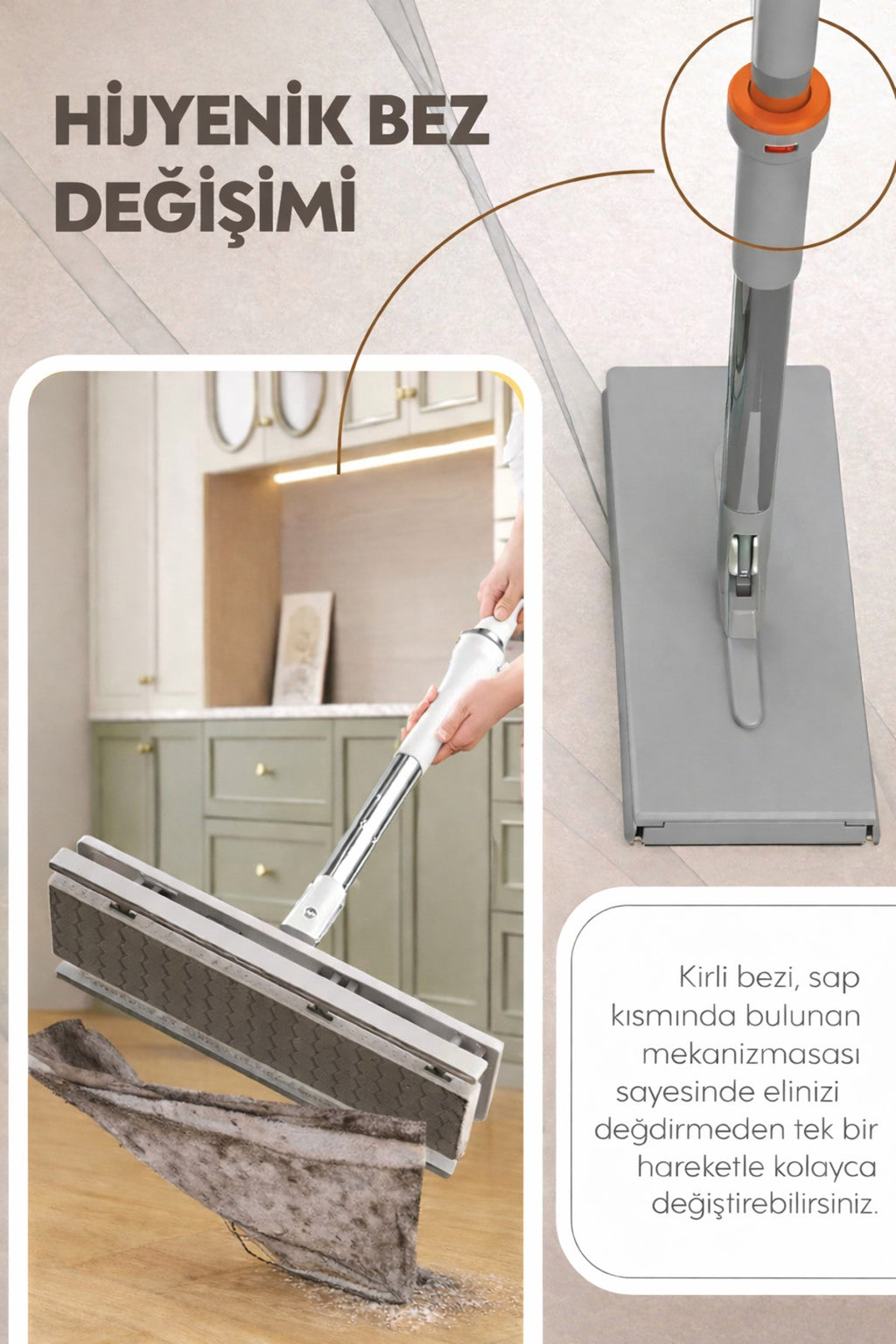 Otomatik Mop, (5 Adet Bez Hediyeli),Yüzey Temizlik Havlusu ile Uyumlu, Kolay Mop, 32 cm