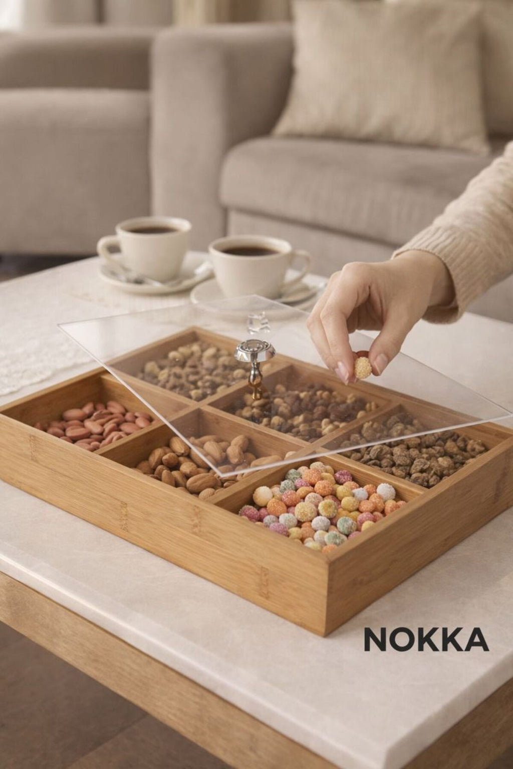 6 Gözlü, Akrilik Kapaklı, Mdf Çok Amaçlı Dekoratif Kutu, Takı Organizeri, Çerezlik 30x20 cm