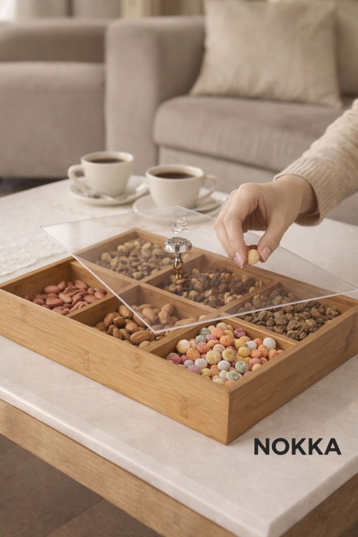 6 Gözlü, Akrilik Kapaklı, Mdf Çok Amaçlı Dekoratif Kutu, Takı Organizeri, Çerezlik 30x20 cm