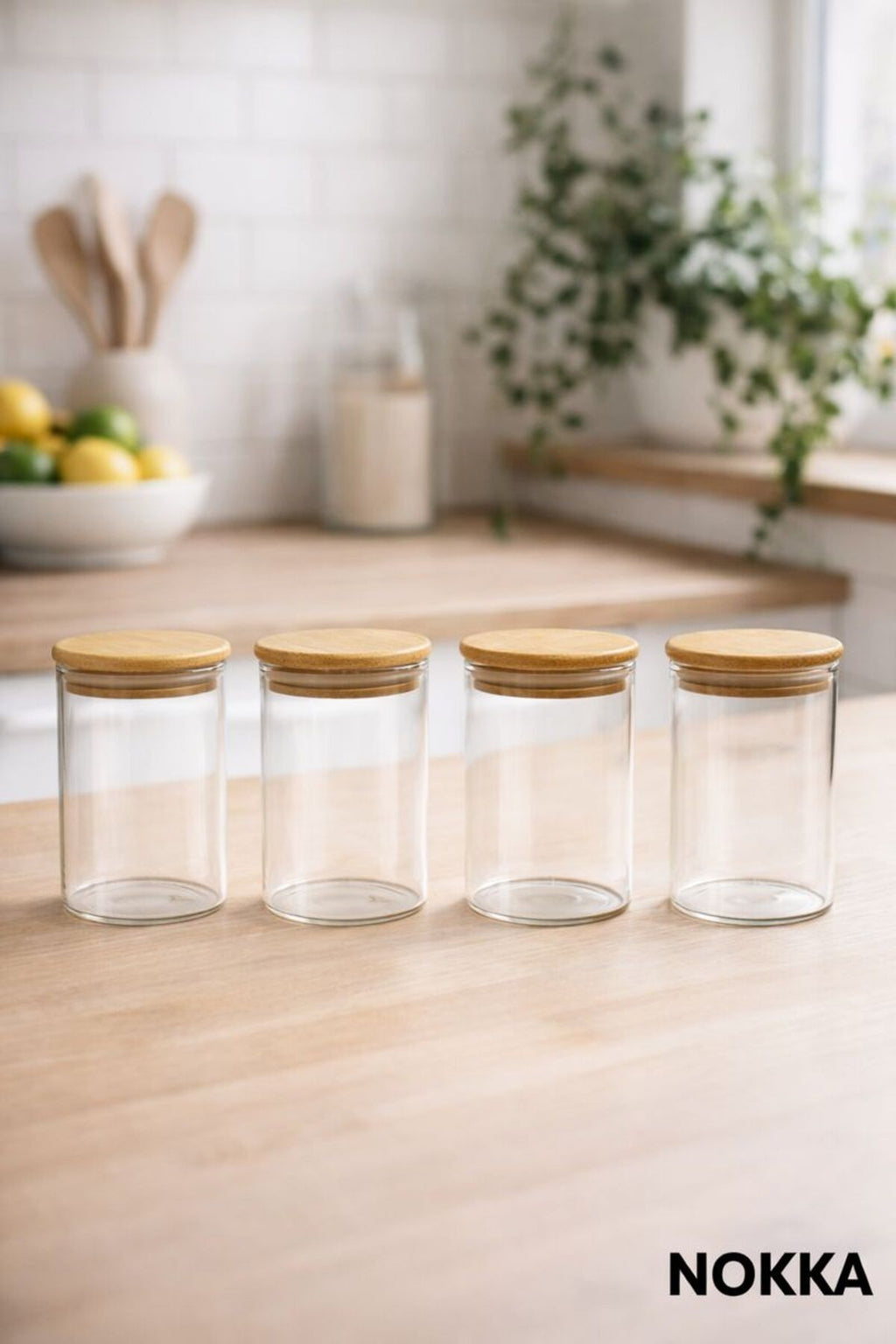 4 Adet Vakumlu Bambu Kapaklı Borosilikat Baharatlık, 8 cm, Saklama Kabı, Çerezlik 150 ml