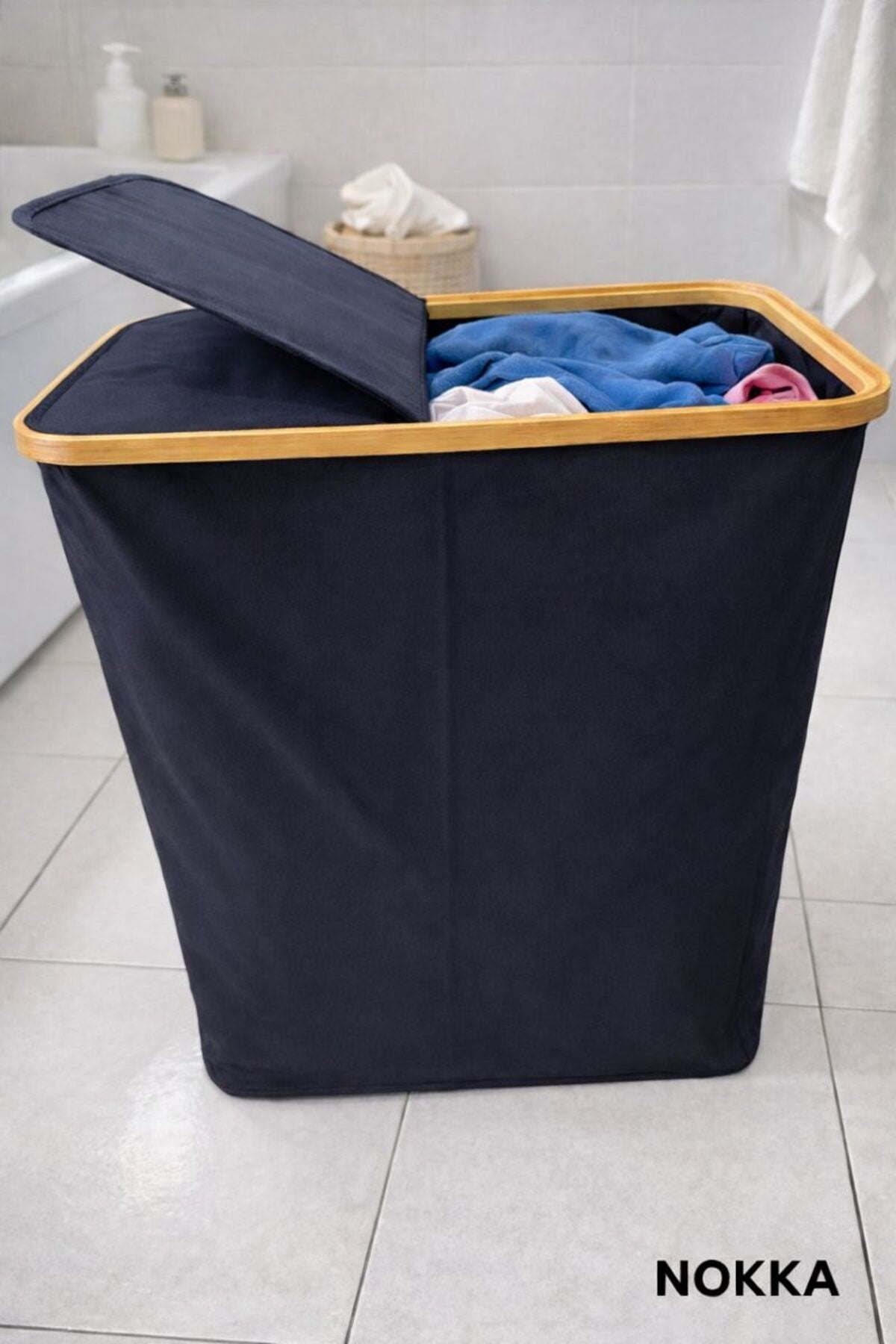 Bambu 100 Litre Kapaklı Katlanabilir Çamaşır Sepeti, 2 Bölmeli Kirli Sepeti (60x54x33)