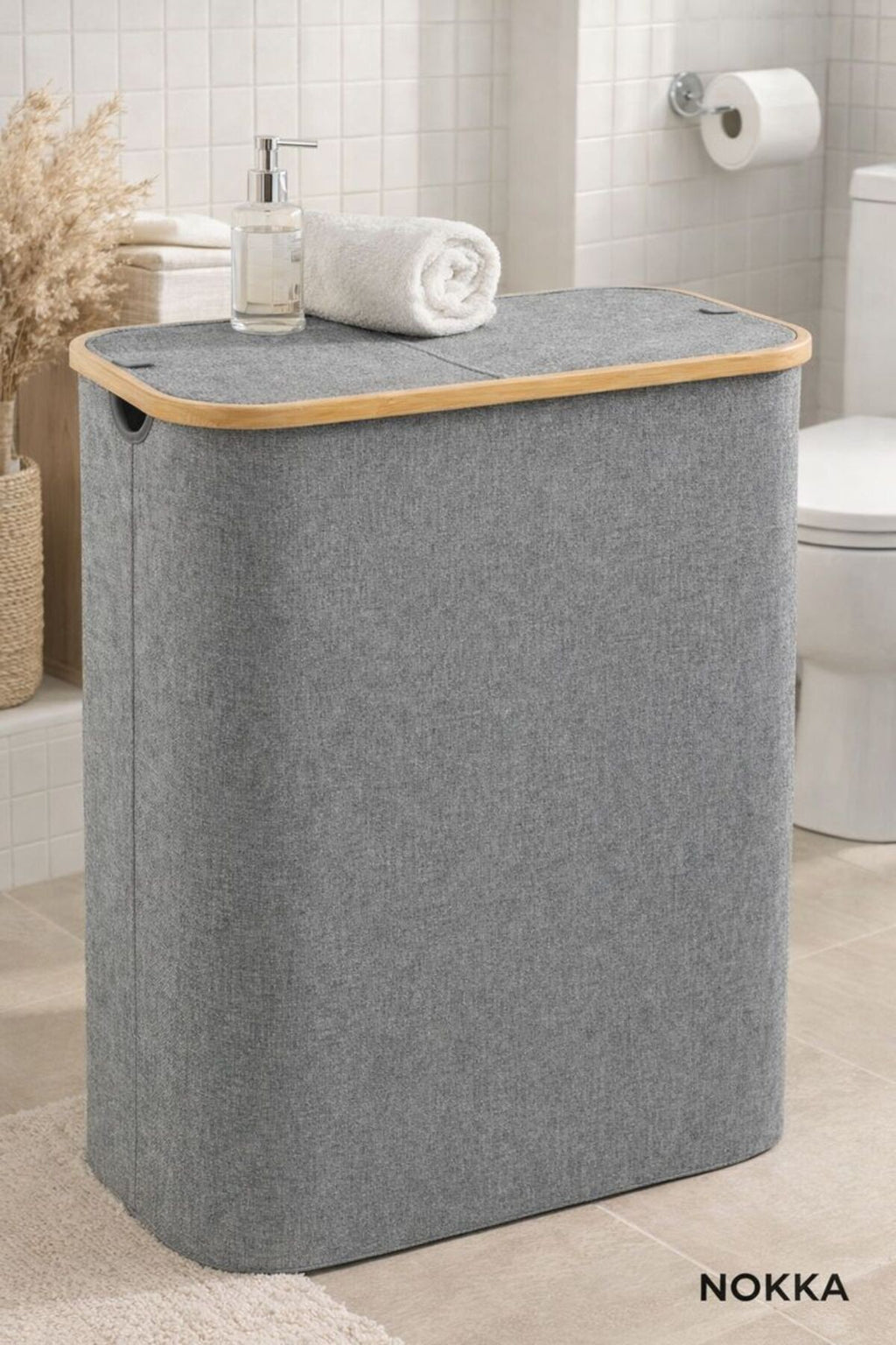 150 Litre Bambu Kapaklı Katlanabilir Çamaşır Sepeti, 2 Bölmeli Kirli Sepeti (70x57x37)
