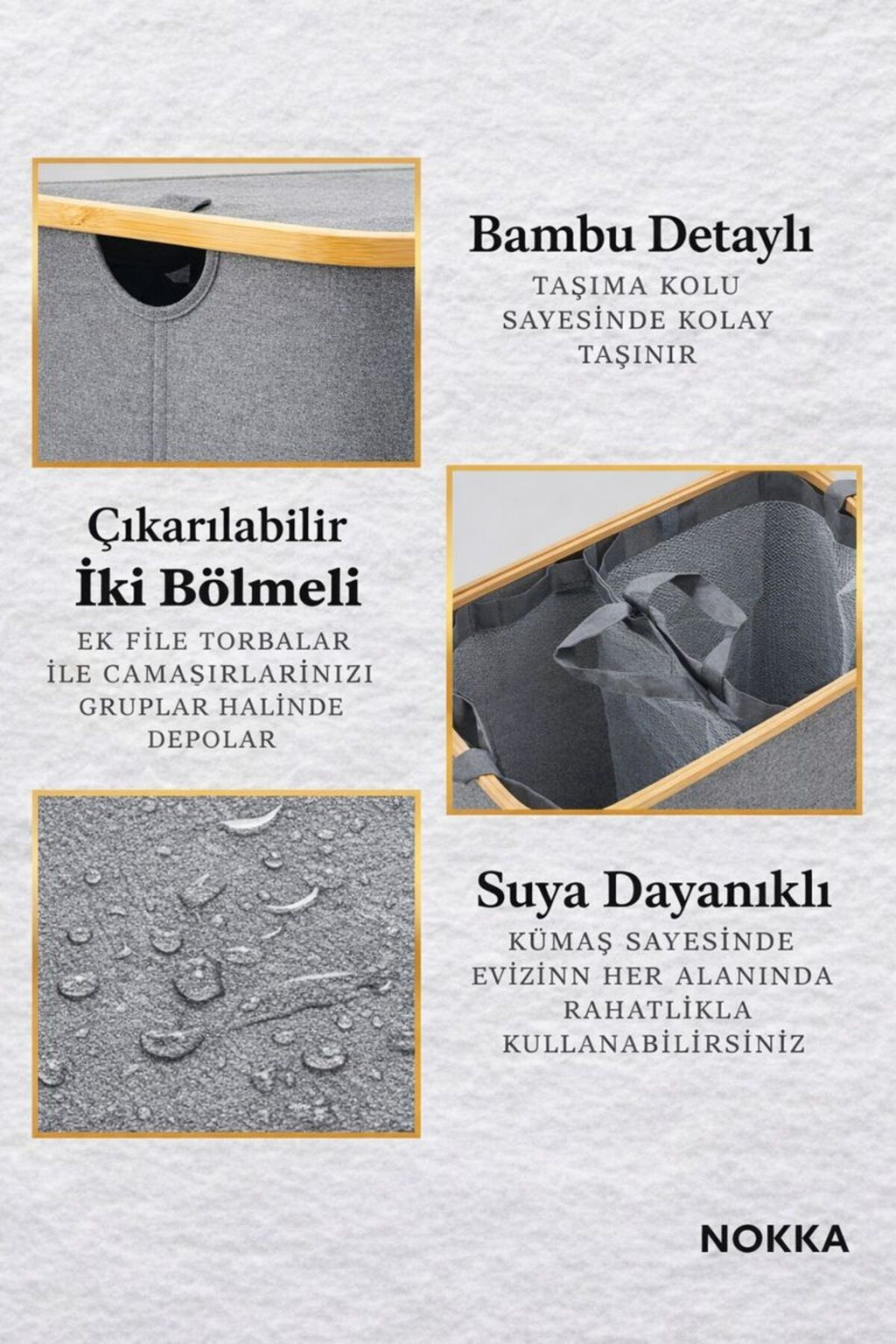 150 Litre Bambu Kapaklı Katlanabilir Çamaşır Sepeti, 2 Bölmeli Kirli Sepeti (70x57x37)