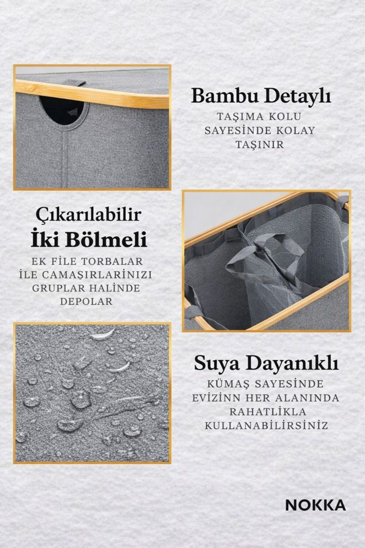 150 Litre Bambu Kapaklı Katlanabilir Çamaşır Sepeti, 2 Bölmeli Kirli Sepeti (70x57x37)