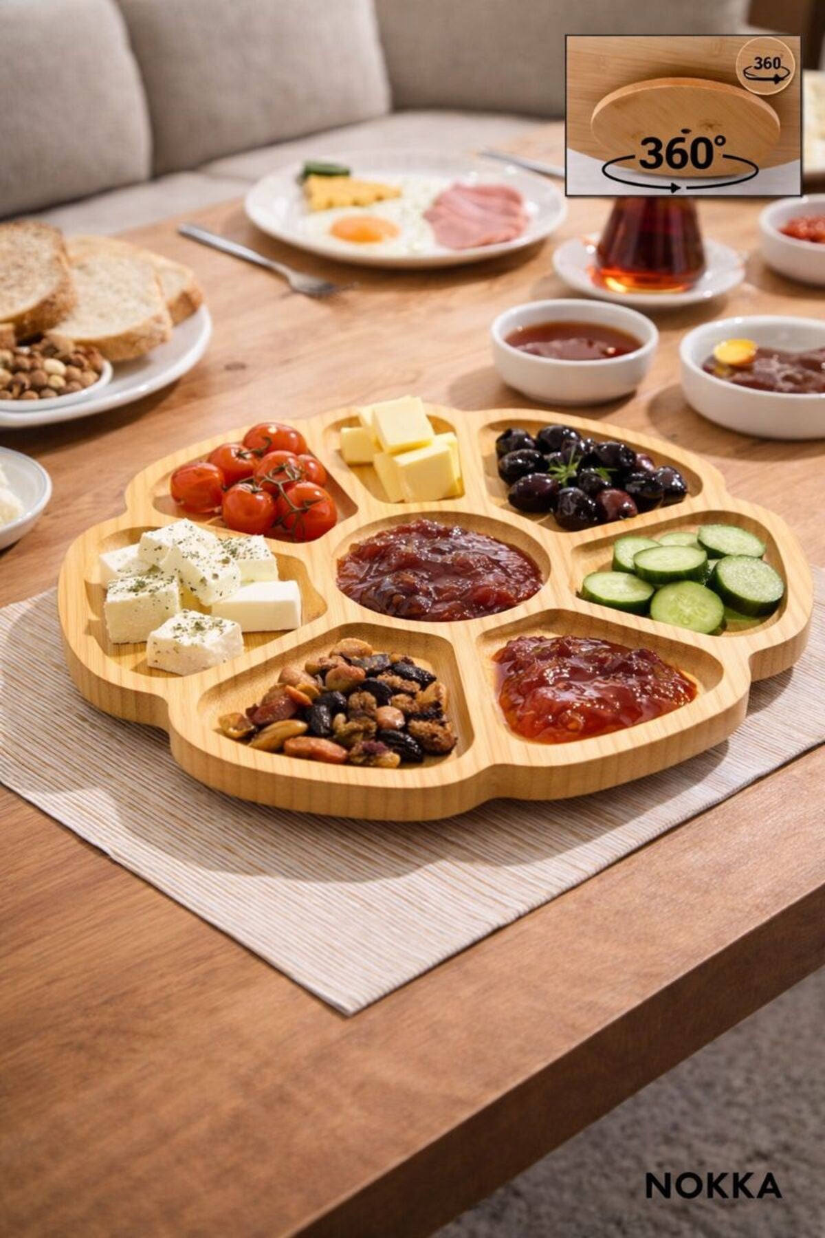 Bambu 7 Bölmeli, 360 Derece Döner Tabla, Sunum Tahtası 30x30 cm