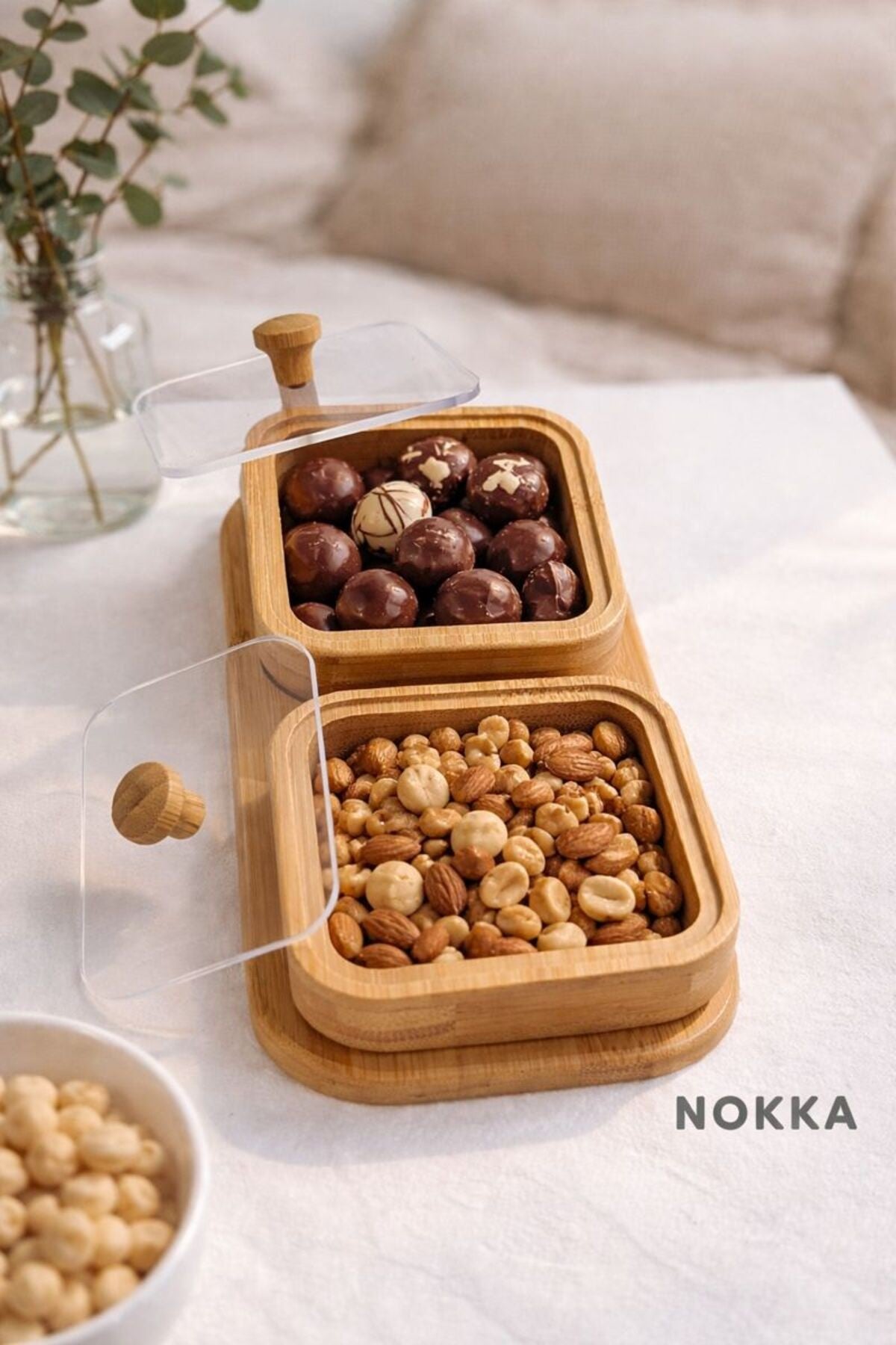 Bambu 2 Adet Kare Akrilik Kapaklı Kase ve Altlık, Çerezlik , Sunum Kasesi, 9x9 cm