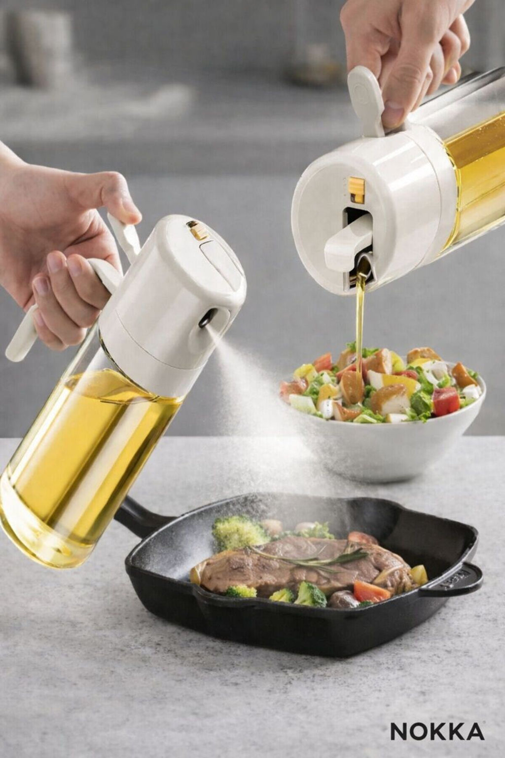 Çift Fonksiyonlu Cam Yağdanlık 450ml Zeytinyağı Sıvıyağ Şişesi Airfryer Sprey Yağlık