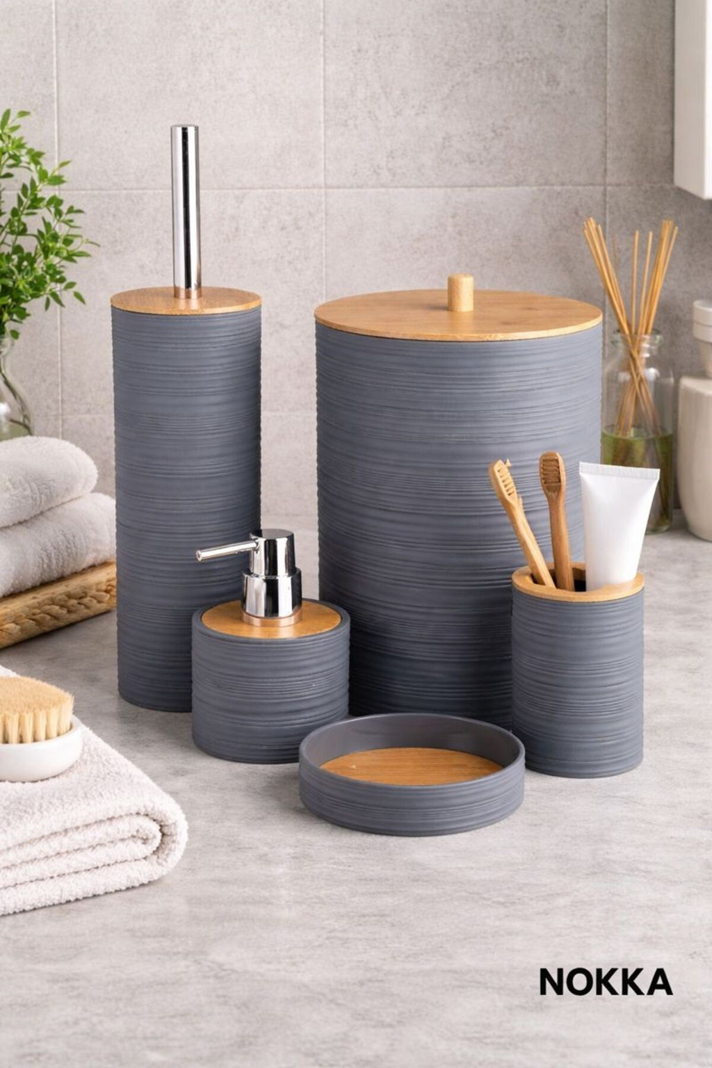 5 Parça Bambu Detaylı Akrilik Banyo Seti, Sabunluk Seti