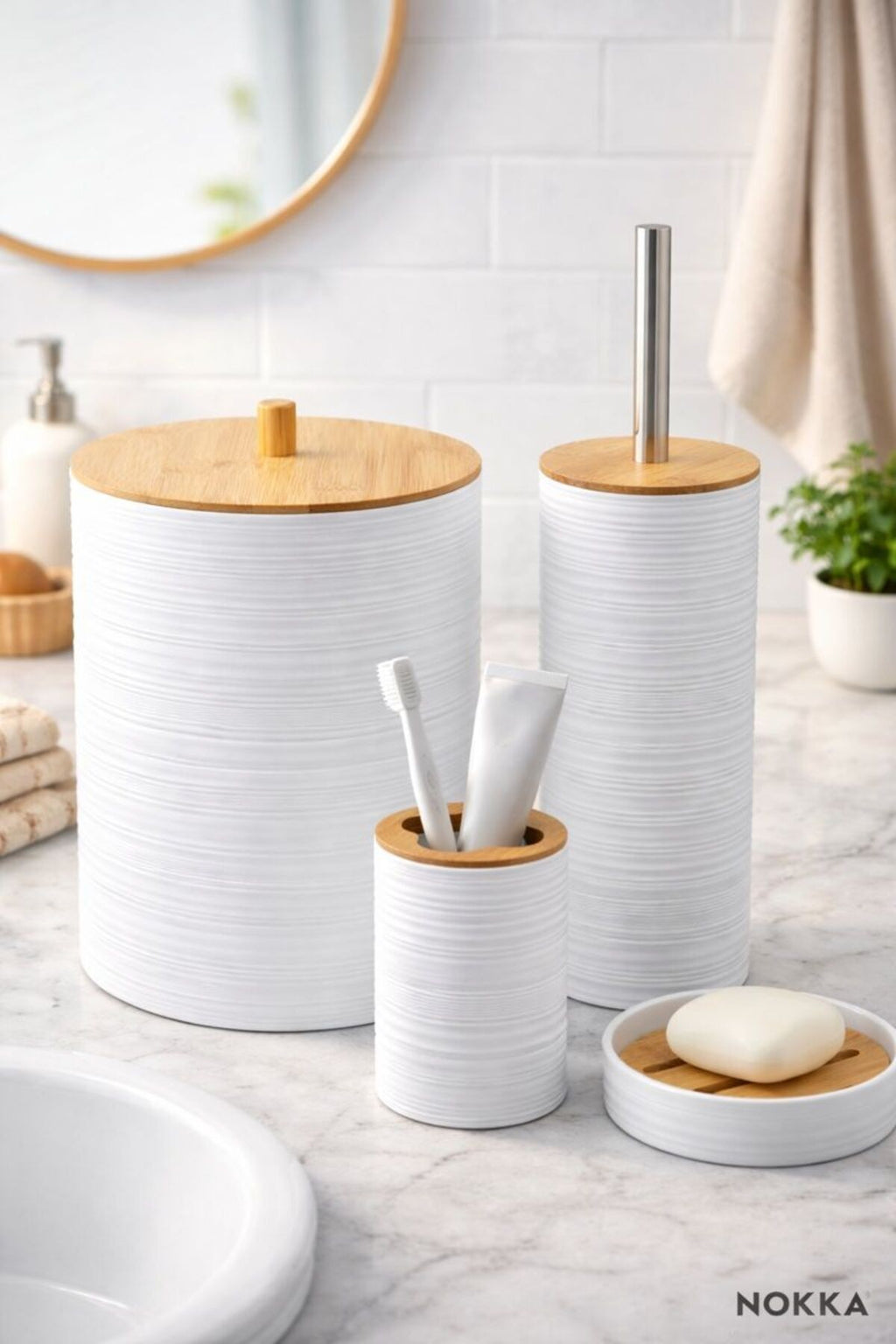 5 Parça Bambu Detaylı Akrilik Banyo Seti, Sabunluk Seti