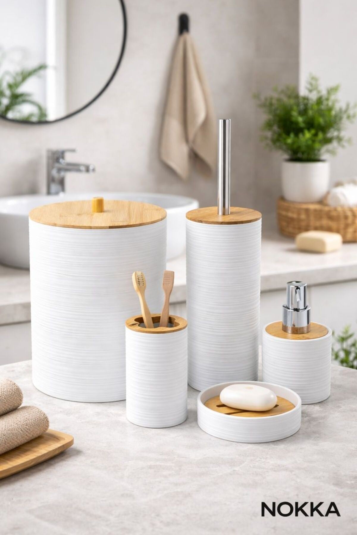 5 Parça Bambu Detaylı Akrilik Banyo Seti, Sabunluk Seti