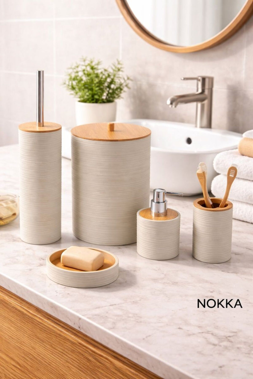 5 Parça Bambu Detaylı Akrilik Banyo Seti, Sabunluk Seti