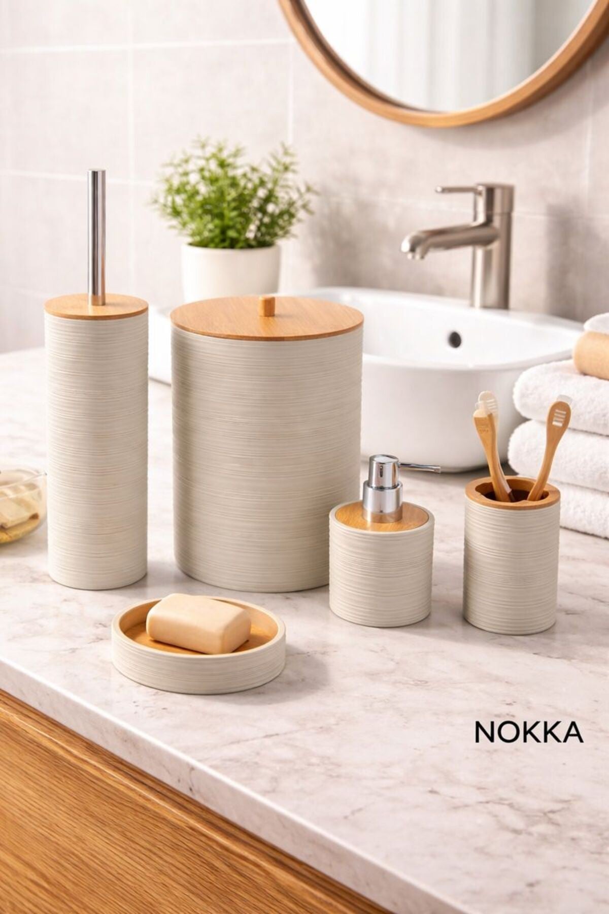 5 Parça Bambu Detaylı Akrilik Banyo Seti, Sabunluk Seti